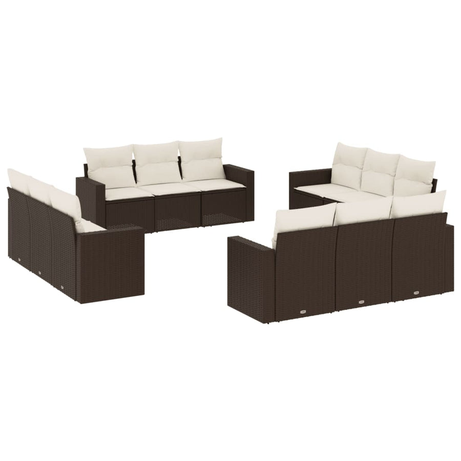 12-delige Loungeset met kussens poly rattan bruin Bruin en crème Zonder tafel