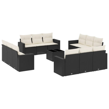 13-delige Loungeset met kussens poly rattan zwart Zwart en crème Met tafel