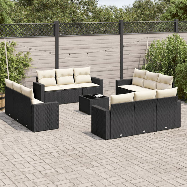 13-delige Loungeset met kussens poly rattan zwart Zwart en crème Met tafel