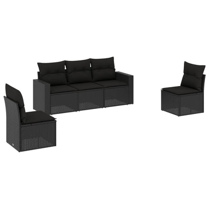 5-delige Loungeset met kussens poly rattan zwart