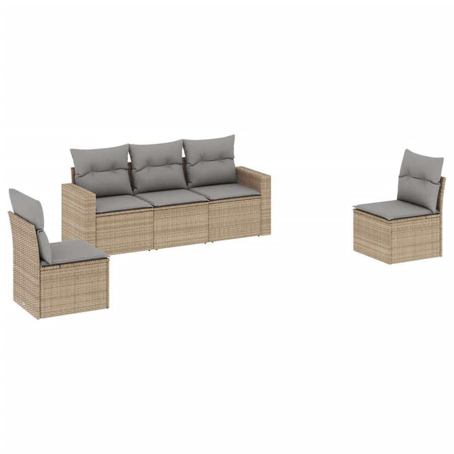 5-delige Loungeset met kussens poly rattan beige Beige en grijs Zonder tafel
