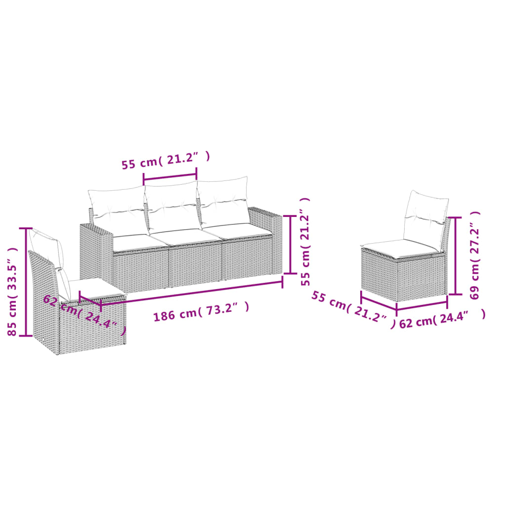 5-delige Loungeset met kussens poly rattan lichtgrijs