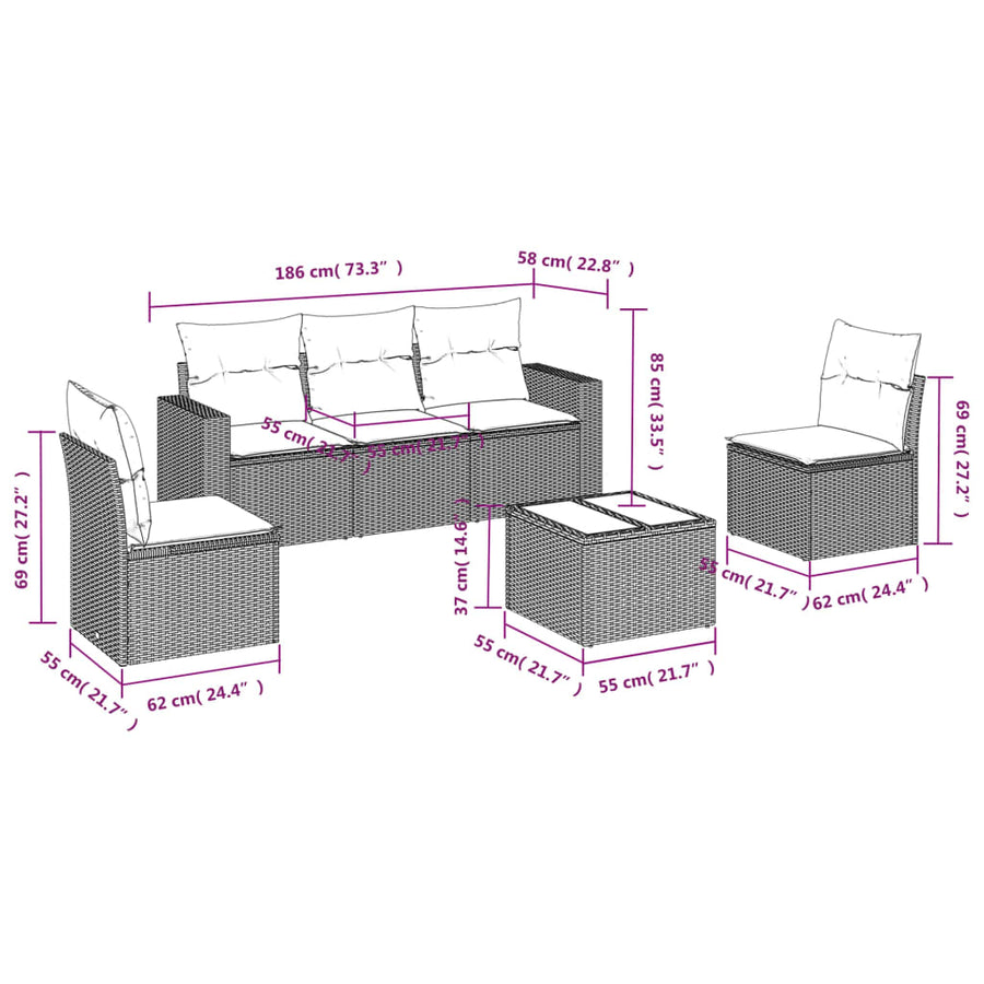 6-delige Loungeset met kussens poly rattan beige 1 beige and cream