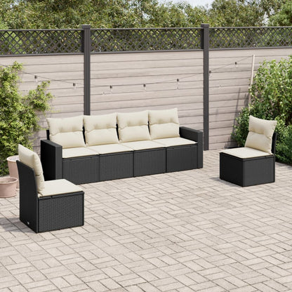 6-delige Loungeset met kussens poly rattan zwart 1 Zwart en crème
