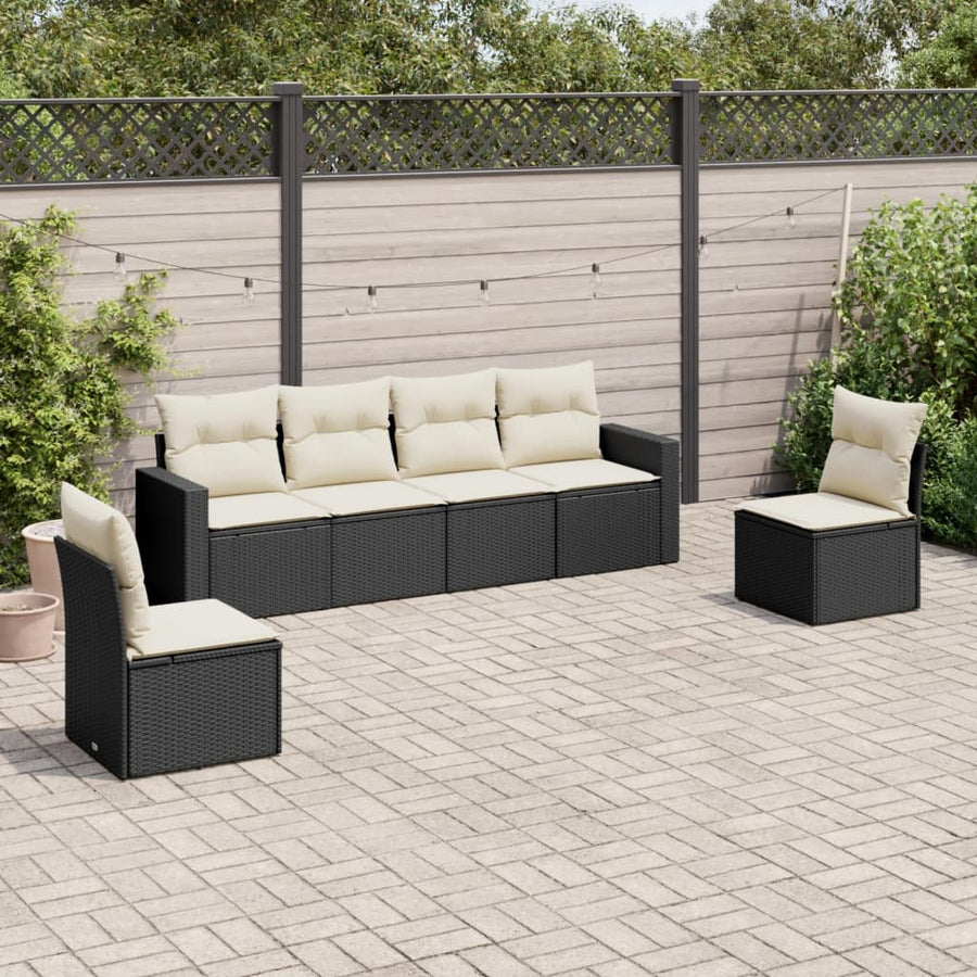 6-delige Loungeset met kussens poly rattan zwart 1 Zwart en crème