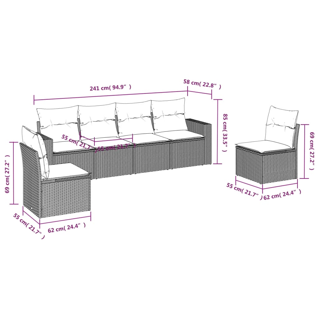 6-delige Loungeset met kussens poly rattan beige beige and cream Zonder tafel