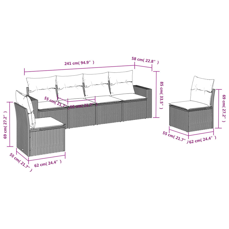 6-delige Loungeset met kussens poly rattan lichtgrijs