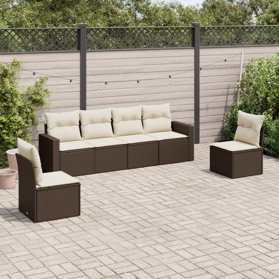 6-delige Loungeset met kussens poly rattan bruin Bruin en crème Zonder tafel
