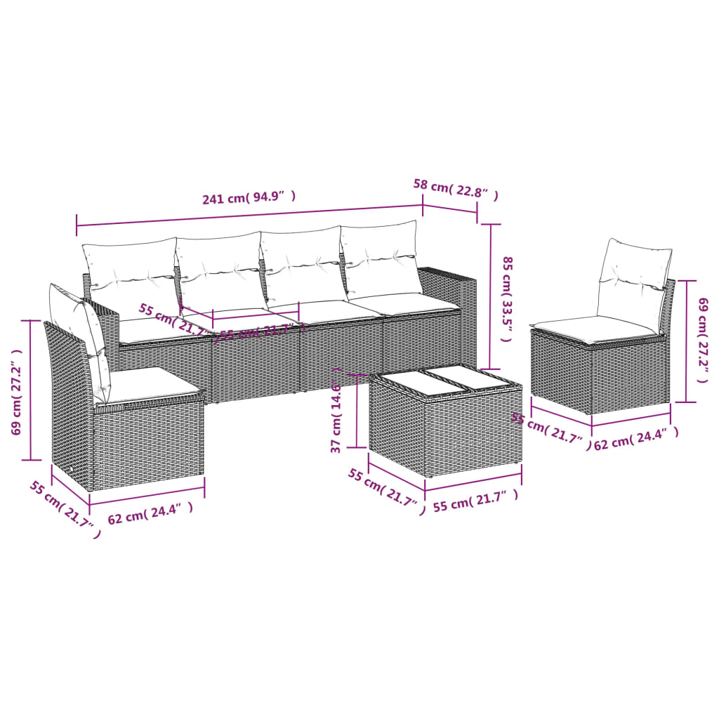 7-delige Loungeset met kussens poly rattan zwart