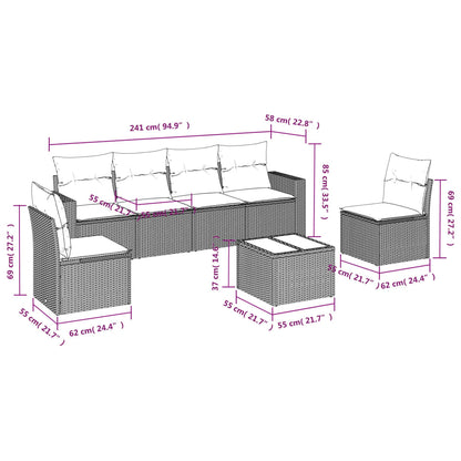 7-delige Loungeset met kussens poly rattan zwart