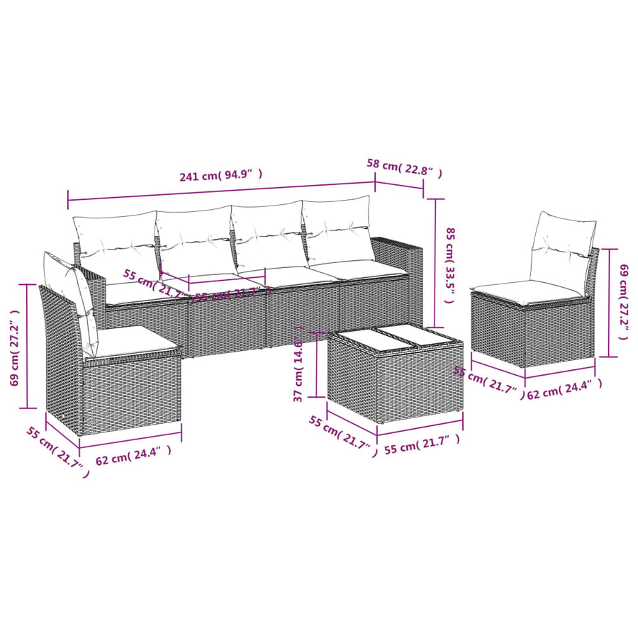 7-delige Loungeset met kussens poly rattan zwart