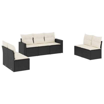 7-delige Loungeset met kussens poly rattan zwart 1 Zwart en crème