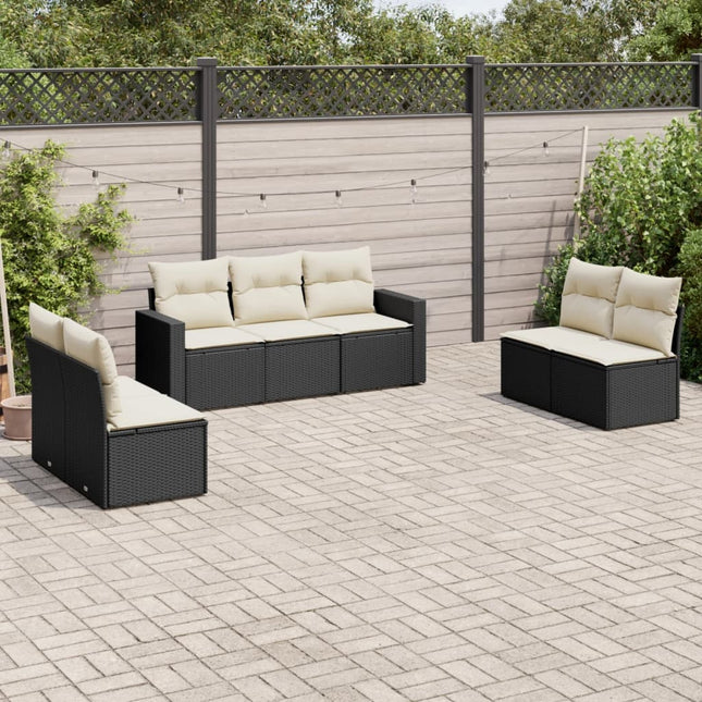 7-delige Loungeset met kussens poly rattan zwart 1 Zwart en crème