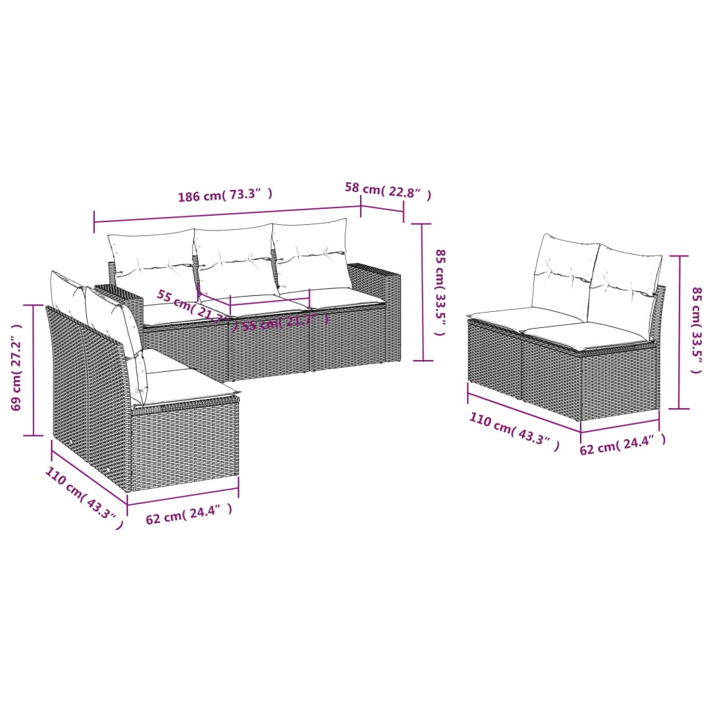 7-delige Loungeset met kussens poly rattan beige Beige en grijs Zonder tafel
