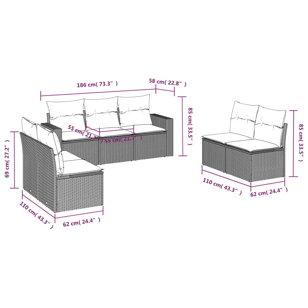 7-delige Loungeset met kussens poly rattan lichtgrijs