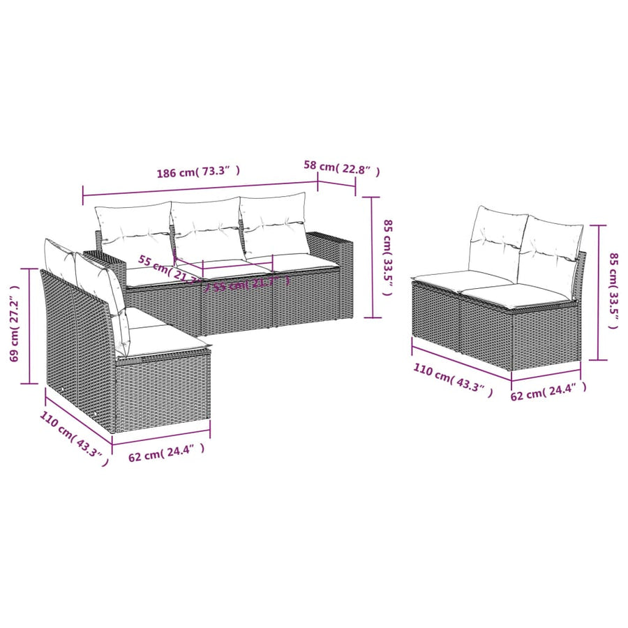 7-delige Loungeset met kussens poly rattan lichtgrijs