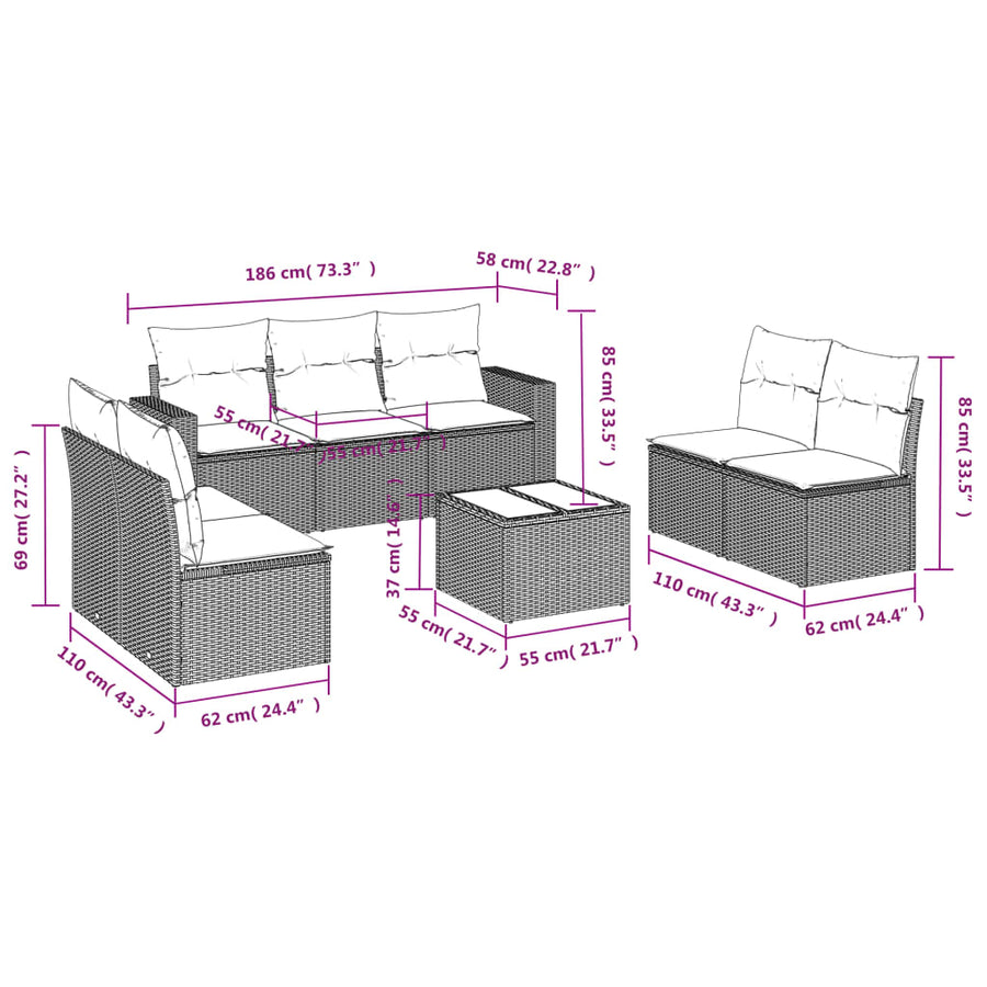 8-delige Loungeset met kussens poly rattan zwart Zwart en crème Met tafel