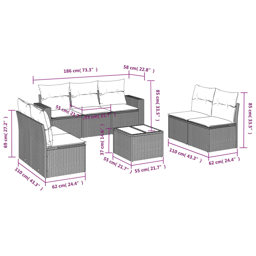 8-delige Loungeset met kussens poly rattan lichtgrijs