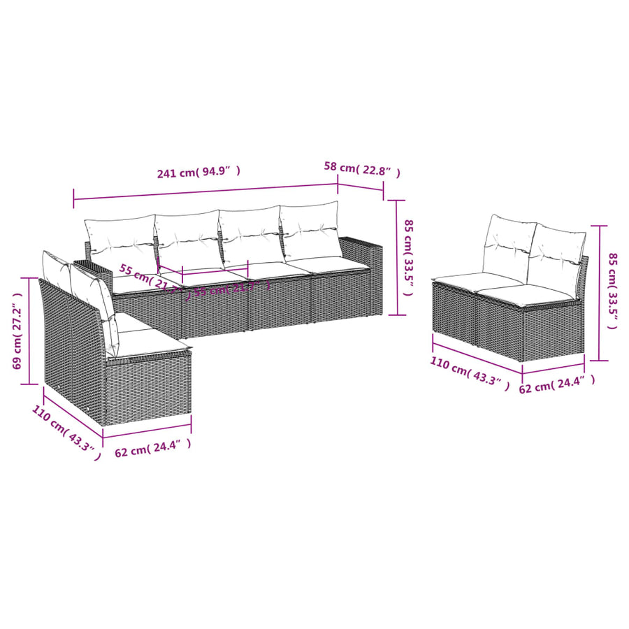 8-delige Loungeset met kussens poly rattan zwart 1 Zwart en crème