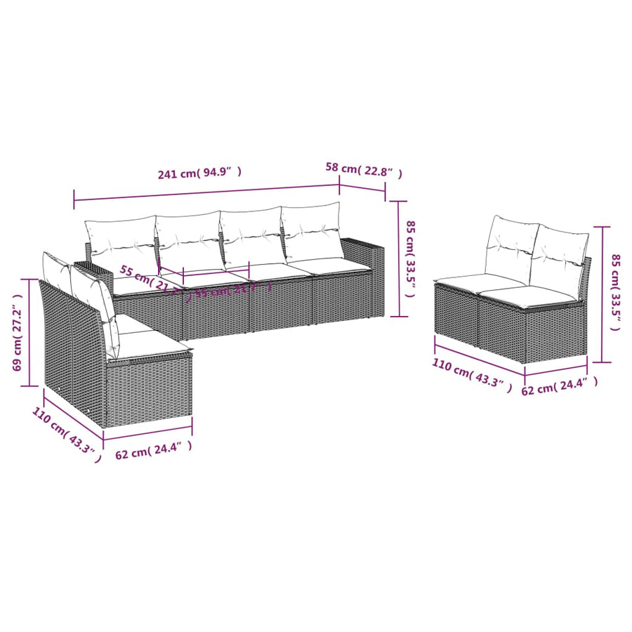 8-delige Loungeset met kussens poly rattan lichtgrijs