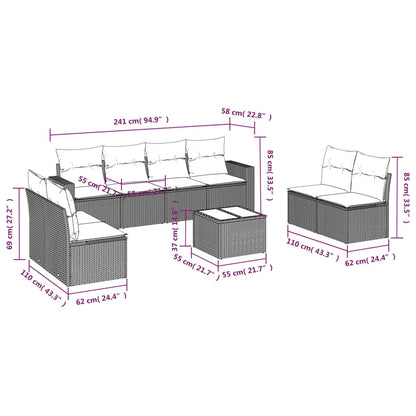 9-delige Loungeset met kussens poly rattan zwart