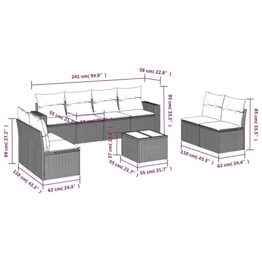 9-delige Loungeset met kussens poly rattan zwart