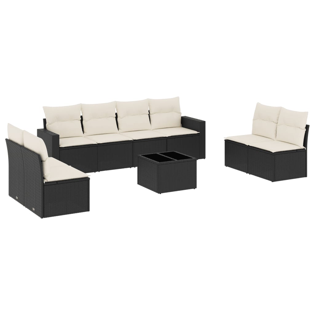 9-delige Loungeset met kussens poly rattan zwart Zwart en crème Met tafel