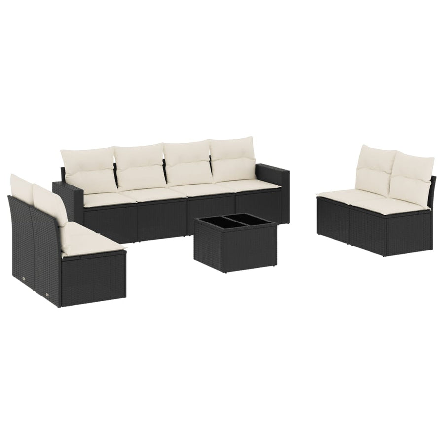 9-delige Loungeset met kussens poly rattan zwart Zwart en crème Met tafel