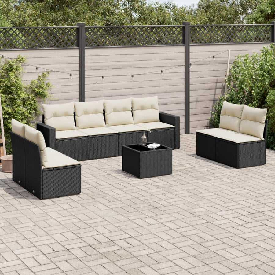 9-delige Loungeset met kussens poly rattan zwart Zwart en crème Met tafel