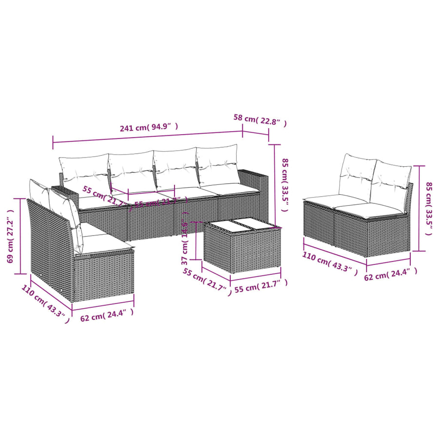 9-delige Loungeset met kussens poly rattan grijs
