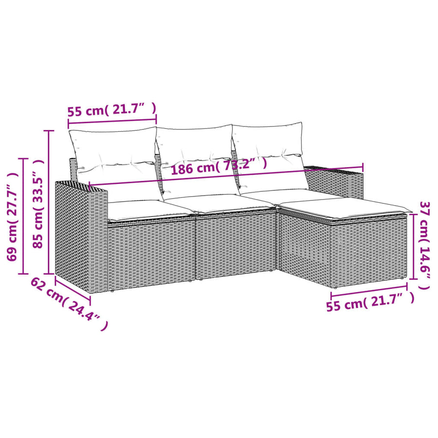 4-delige Loungeset met kussens poly rattan zwart