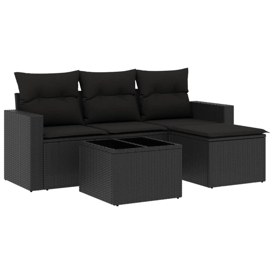5-delige Loungeset met kussens poly rattan zwart