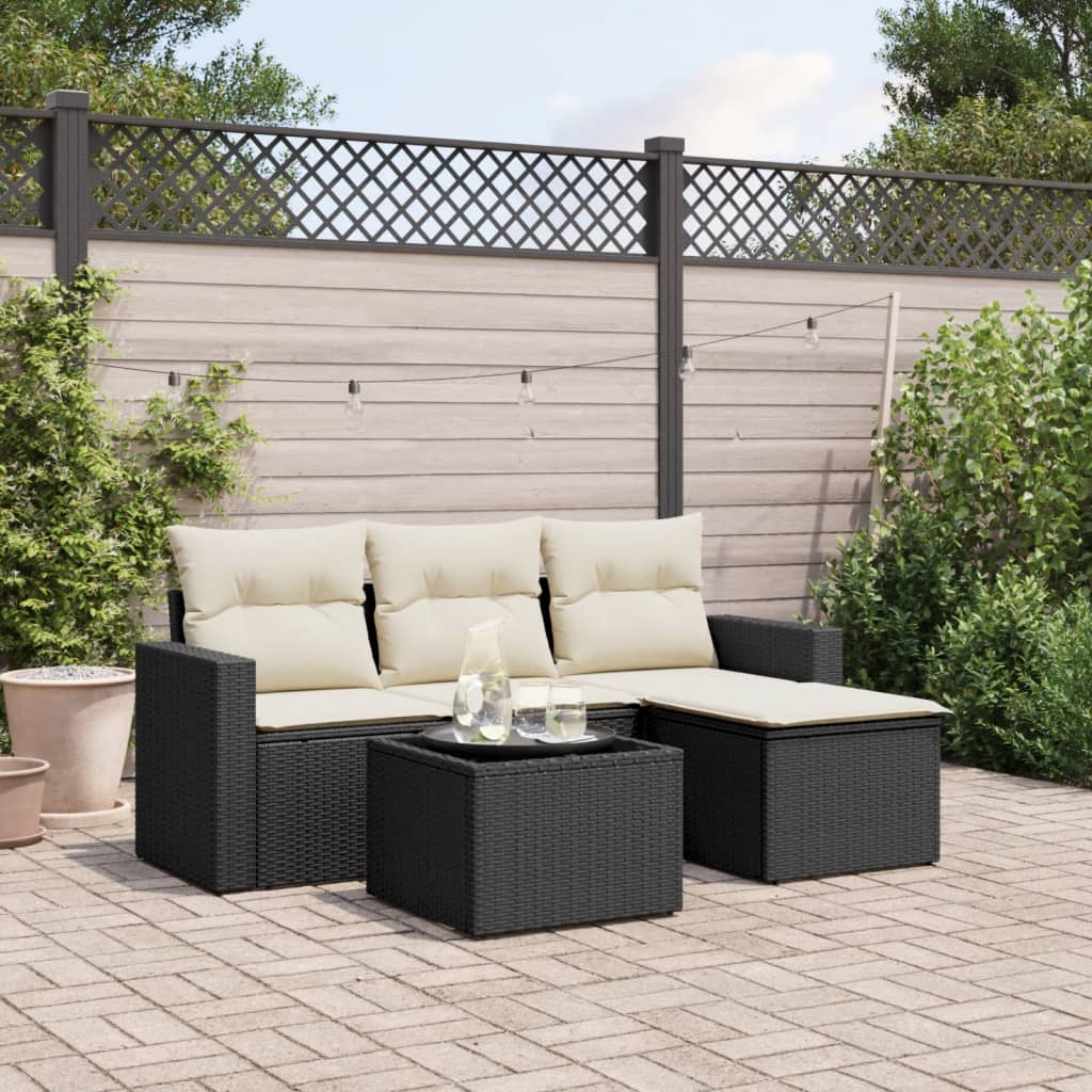 5-delige Loungeset met kussens poly rattan zwart 1 Zwart en crème