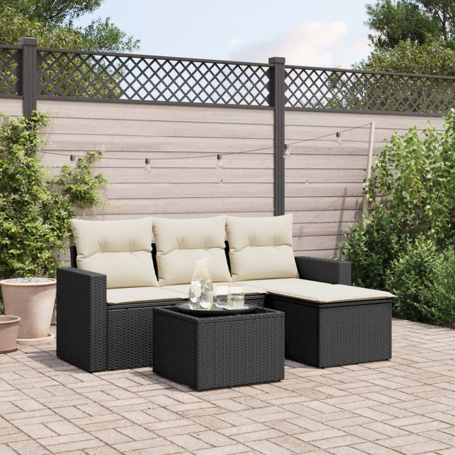 5-delige Loungeset met kussens poly rattan zwart 1 Zwart en crème