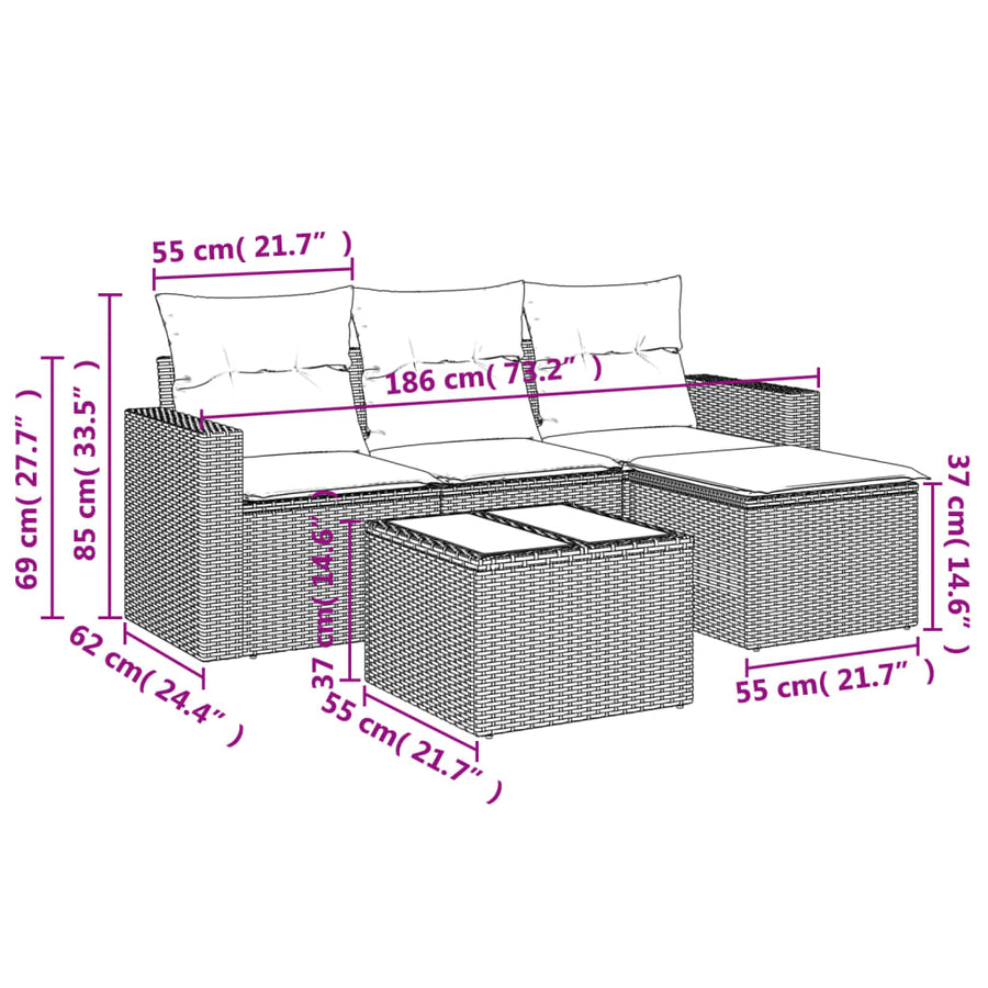 5-delige Loungeset met kussens poly rattan beige beige and cream Met tafel