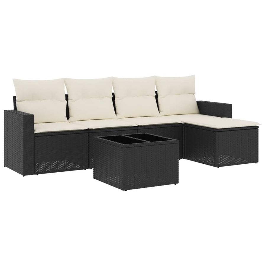 6-delige Loungeset met kussens poly rattan zwart 1 Zwart en crème