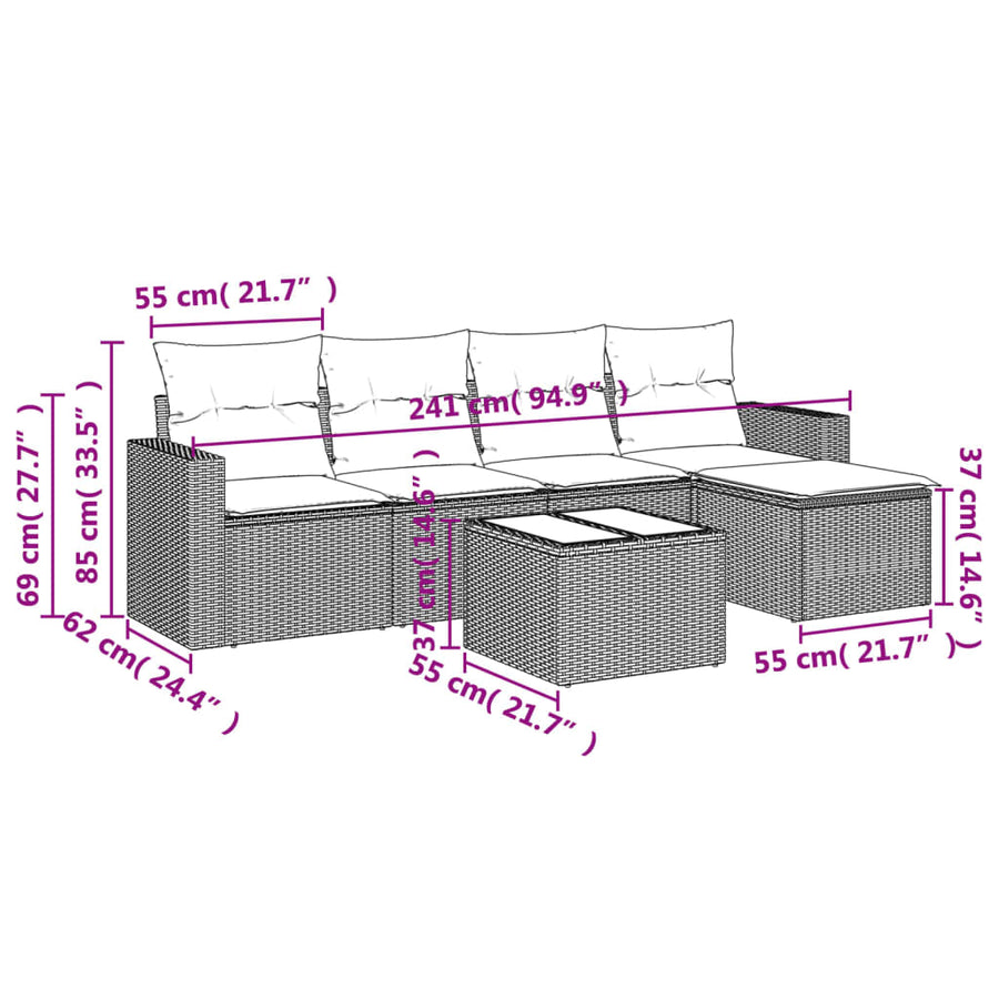 6-delige Loungeset met kussens poly rattan zwart 1 Zwart en crème
