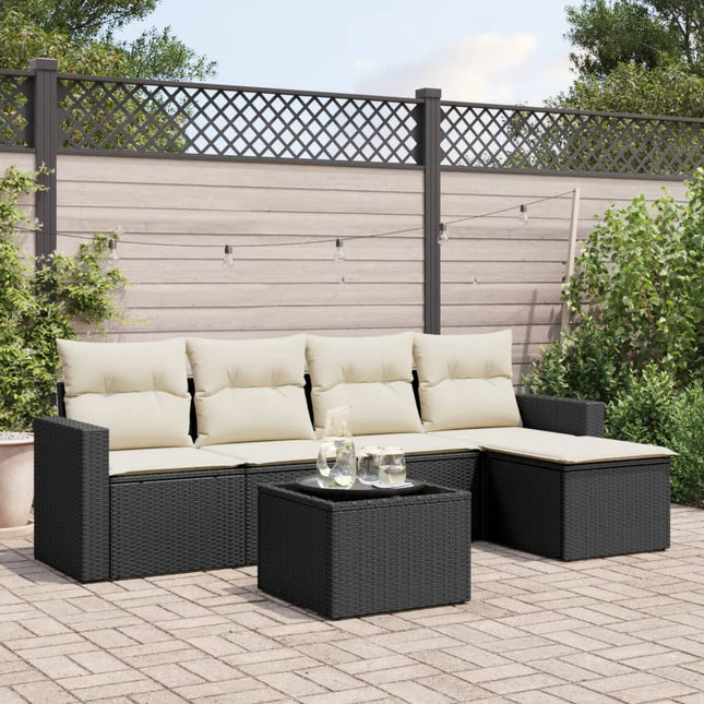 6-delige Loungeset met kussens poly rattan zwart 1 Zwart en crème