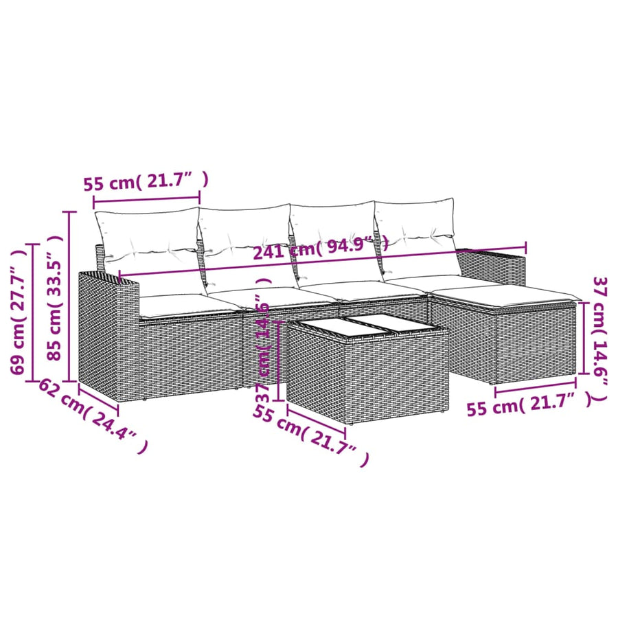 6-delige Loungeset met kussens poly rattan beige beige and cream Met tafel