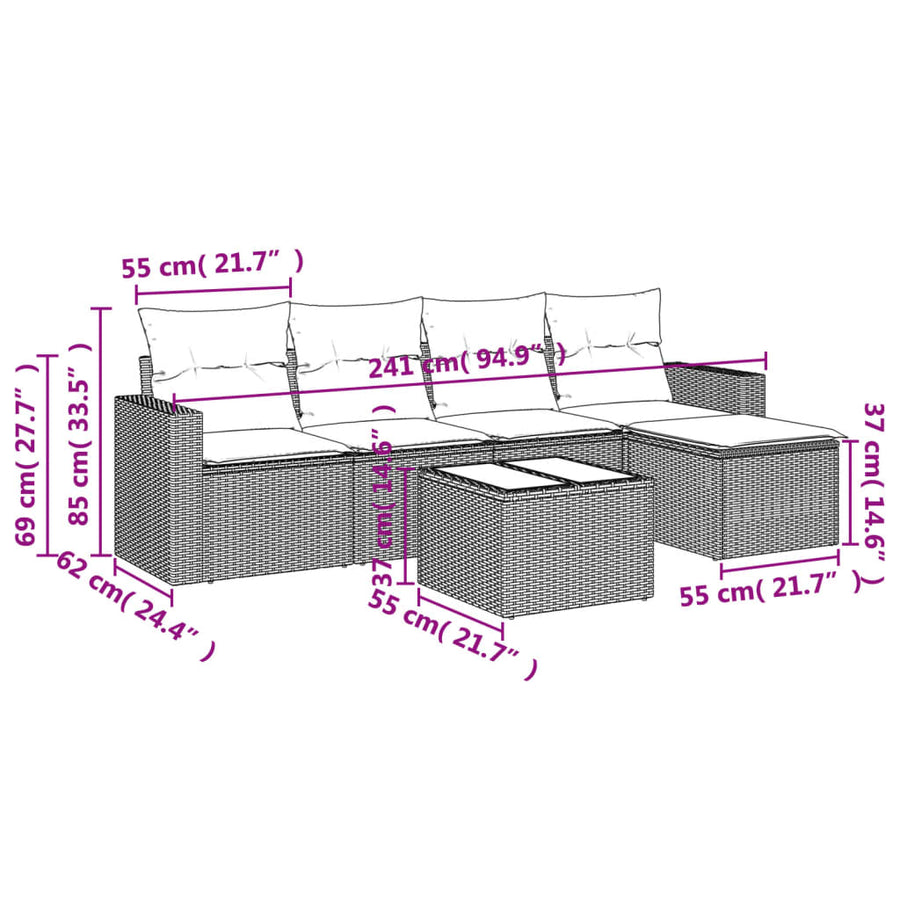 6-delige Loungeset met kussens poly rattan grijs