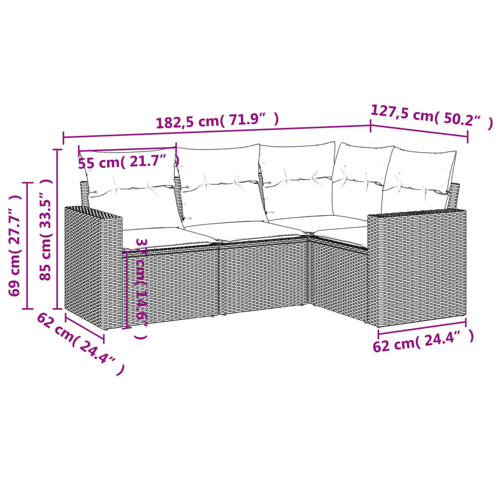 4-delige Loungeset met kussens poly rattan bruin 1 Bruin en crème