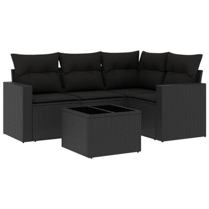 5-delige Loungeset met kussens poly rattan zwart