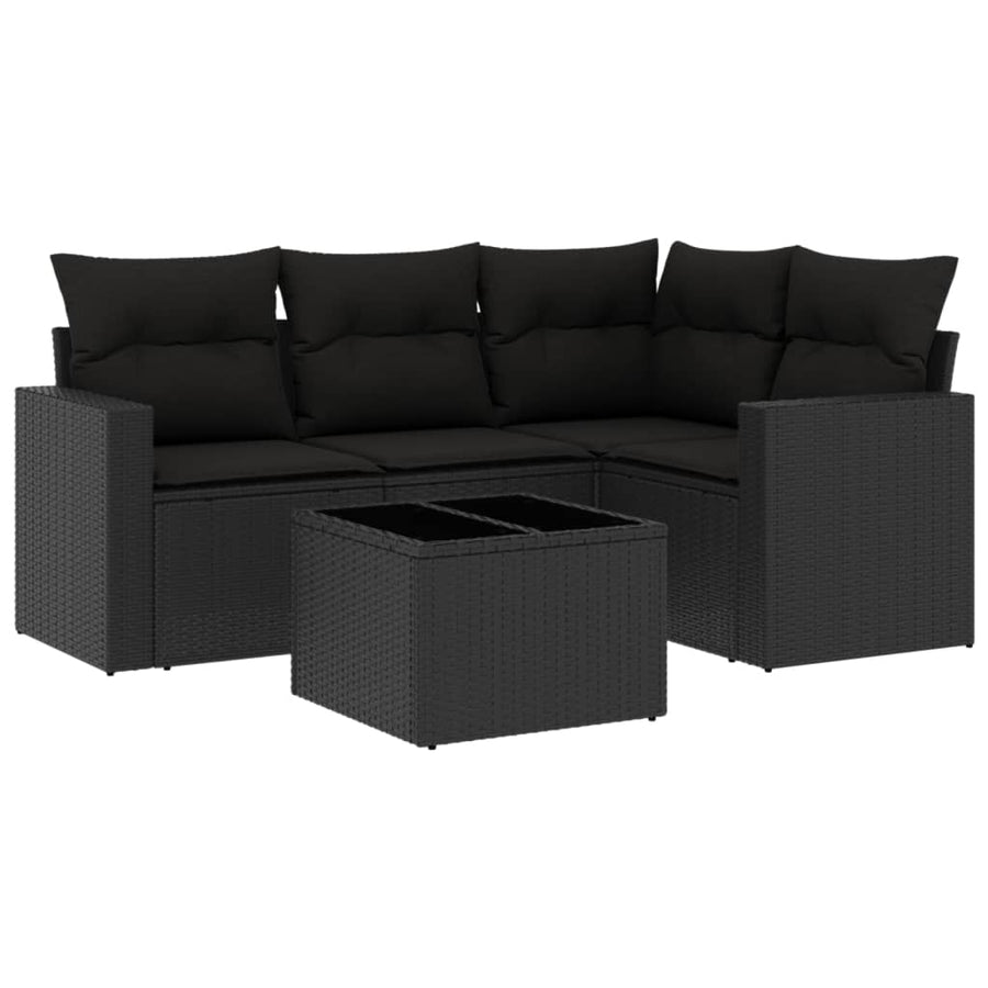 5-delige Loungeset met kussens poly rattan zwart