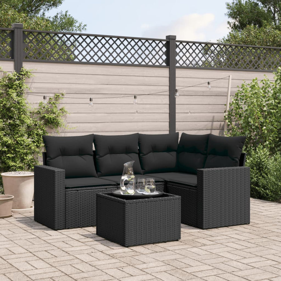 5-delige Loungeset met kussens poly rattan zwart
