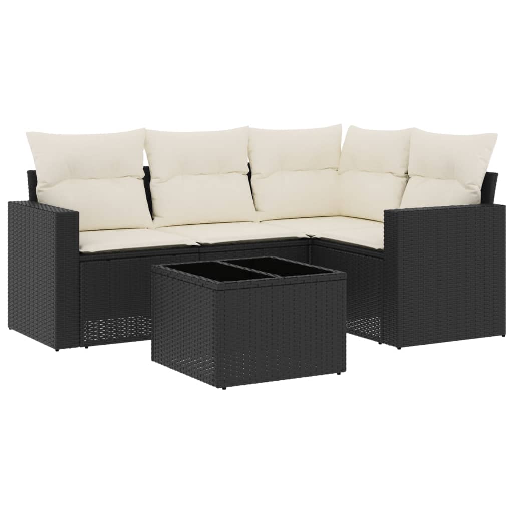 5-delige Loungeset met kussens poly rattan zwart 1 Zwart en crème