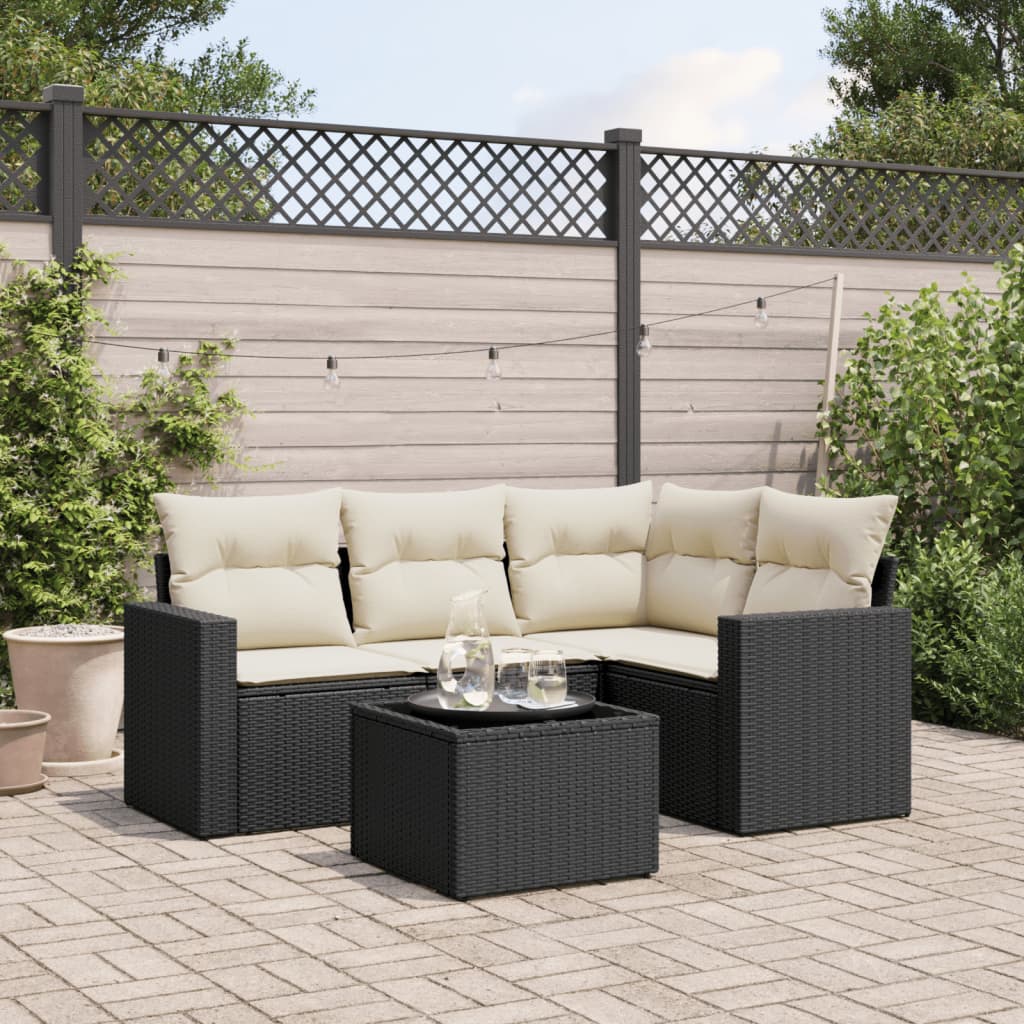 5-delige Loungeset met kussens poly rattan zwart 1 Zwart en crème