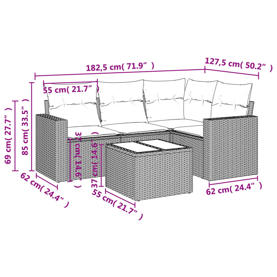 5-delige Loungeset met kussens poly rattan beige beige and cream Met tafel