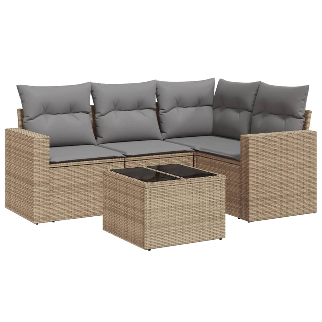 5-delige Loungeset met kussens poly rattan beige
