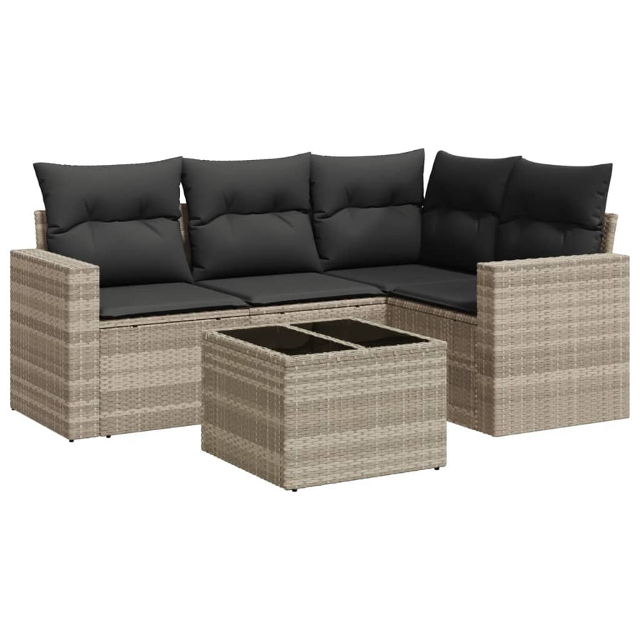 5-delige Loungeset met kussens poly rattan lichtgrijs