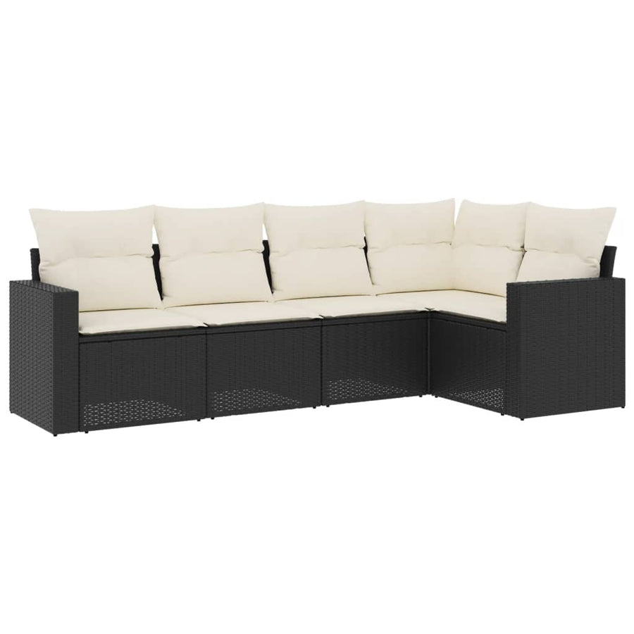 5-delige Loungeset met kussens poly rattan zwart